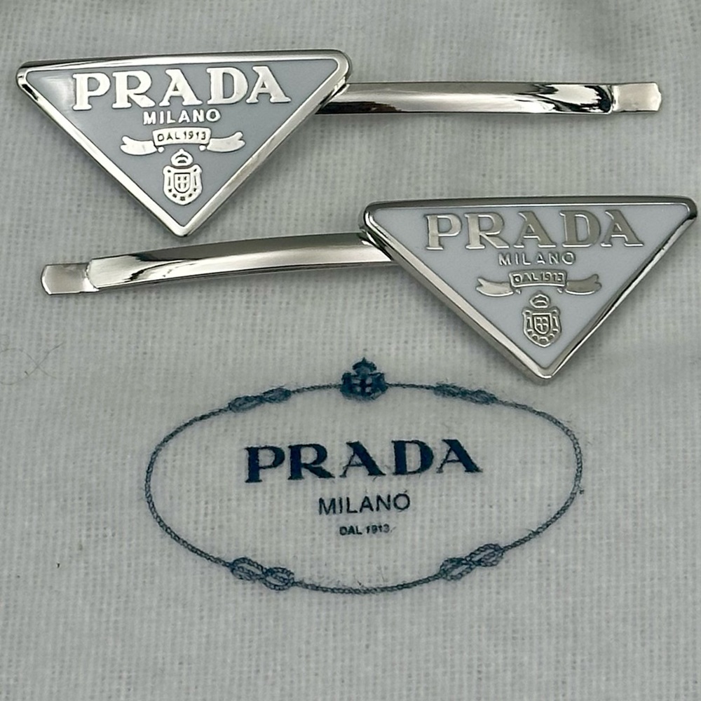 Prada Hair Clips 3” Long White and Silver Triangle Hair Clips with Pouch
